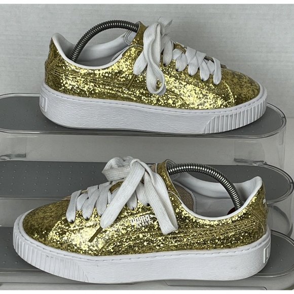 Puma Women's Basket Platform Gold Glitter Sneakers 364093-02 Size 7 - Picture 2 of 9